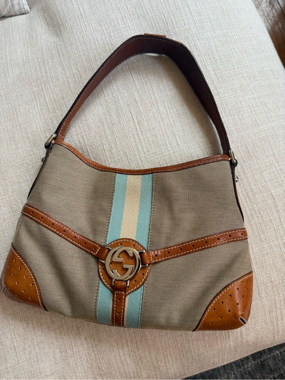 Gucci Beige Canvas and Tan Leather Hobo Bag with Blue Stripe